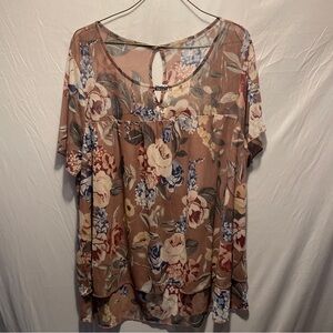 NY Collection flowered shirt sheer shoulder top with sheer overlay Women’s 3X